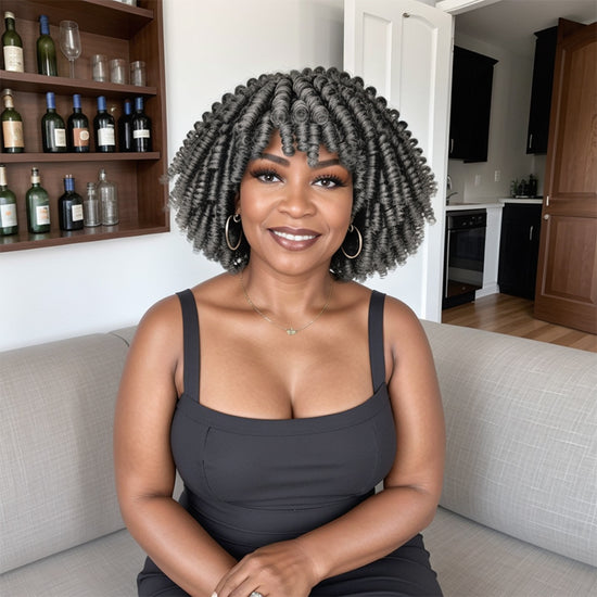 Salt And Pepper Short Bob Curly Wig With Bangs Glueless Human Hair Wig