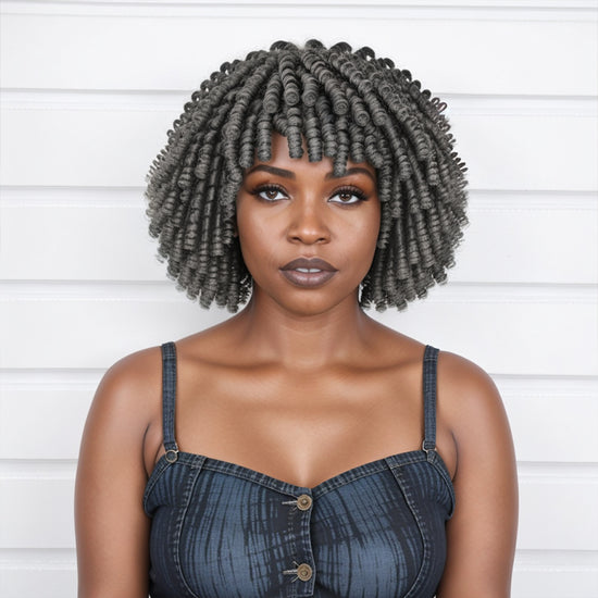 Salt And Pepper Short Bob Curly Wig With Bangs Glueless Human Hair Wig