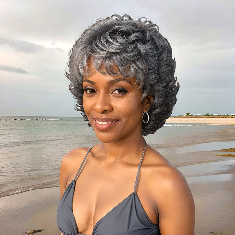 Salt And Pepper Short Curly Wig Layered Bob Human Ladies Hair Wigs With Bangs