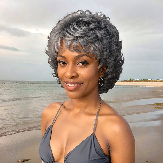 Salt And Pepper Short Curly Wig Layered Bob Human Ladies Hair Wigs With Bangs