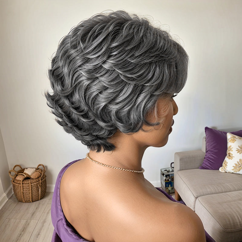 Salt And Pepper Short Curly Wig Layered Bob Human Ladies Hair Wigs With Bangs