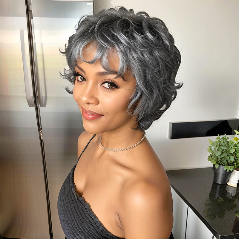 Salt And Pepper Short Curly Wig Layered Bob Human Ladies Hair Wigs With Bangs