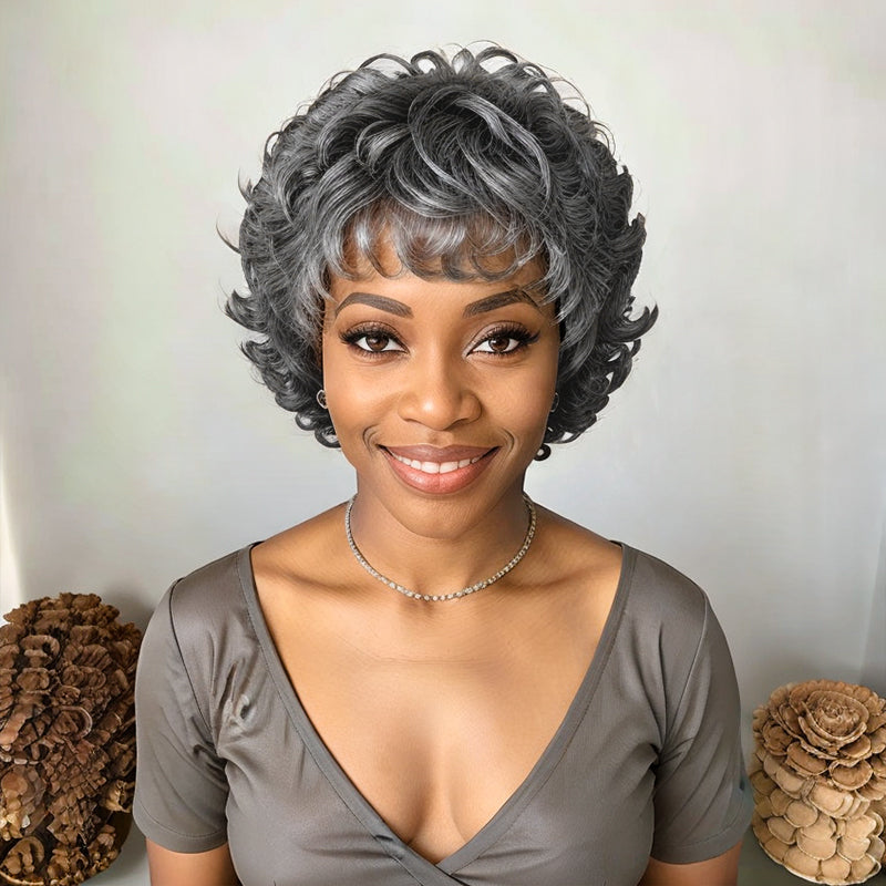 Salt And Pepper Short Curly Wig Layered Bob Human Ladies Hair Wigs With Bangs