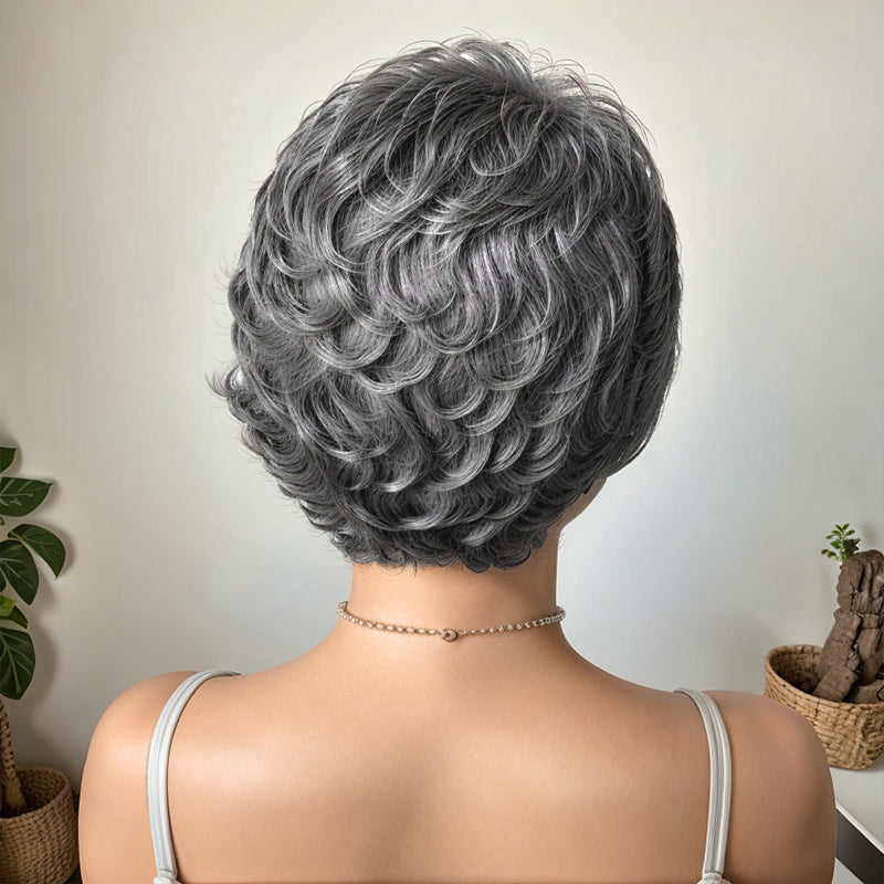 Salt And Pepper Short Curly Wig Layered Bob Human Ladies Hair Wigs With Bangs