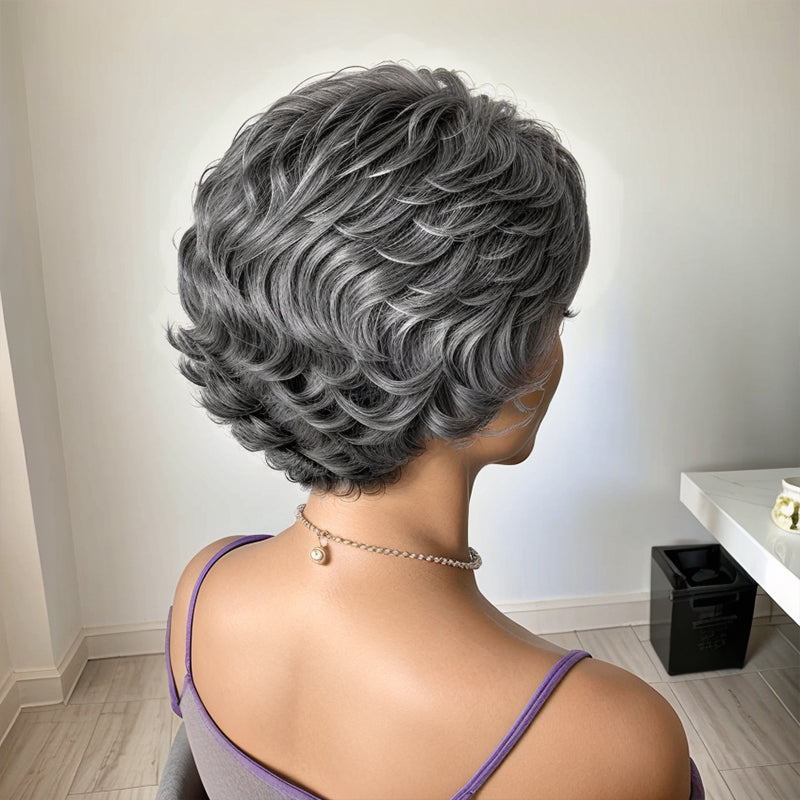 Salt And Pepper Short Curly Wig Layered Bob Human Ladies Hair Wigs With Bangs