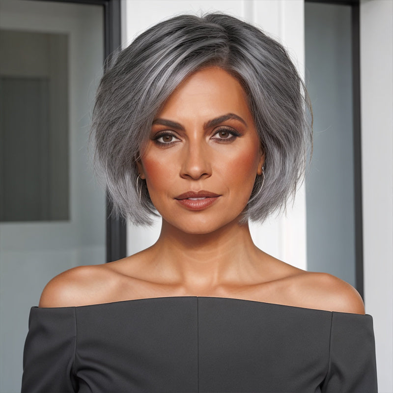 Salt And Pepper Straight Bob Wig Glueless 5x5 Closure Pre-cut Lace 100% Human Hair Wigs