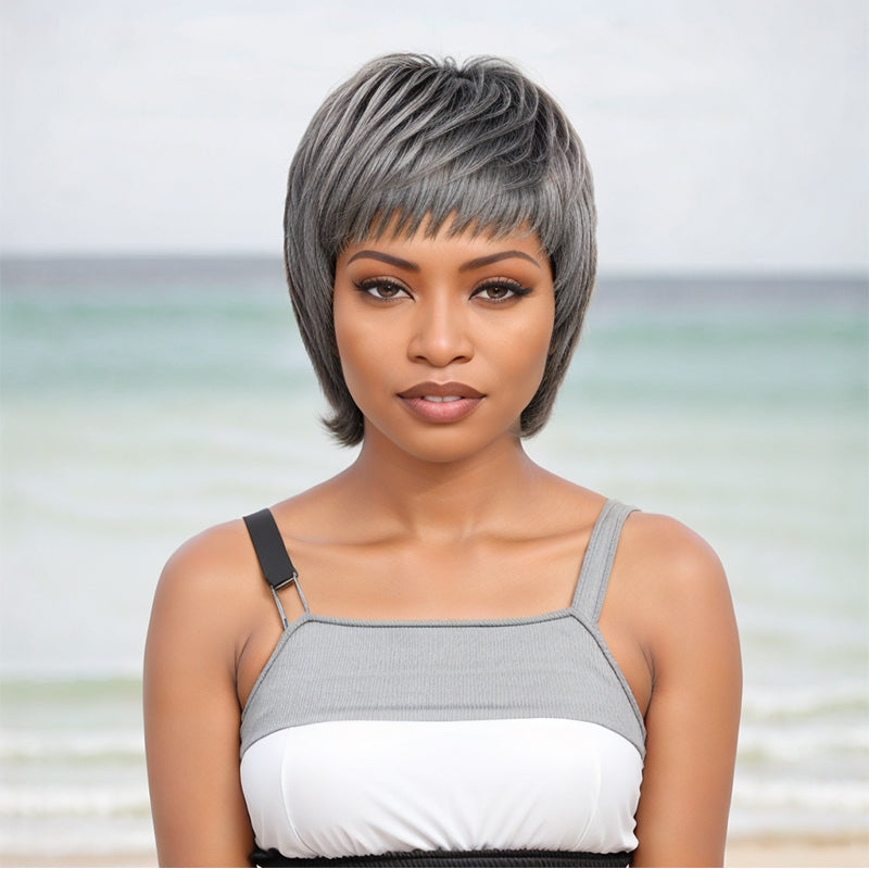 Salt And Pepper/Honey Blonde Short Pixie Cuts with Bangs Mullet Wigs