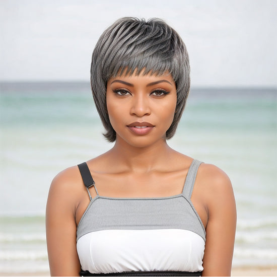 Salt And Pepper/Honey Blonde Short Pixie Cuts with Bangs Mullet Wigs