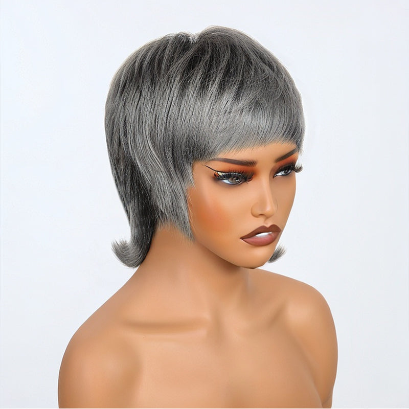 Salt And Pepper/Honey Blonde Short Pixie Cuts with Bangs Mullet Wigs