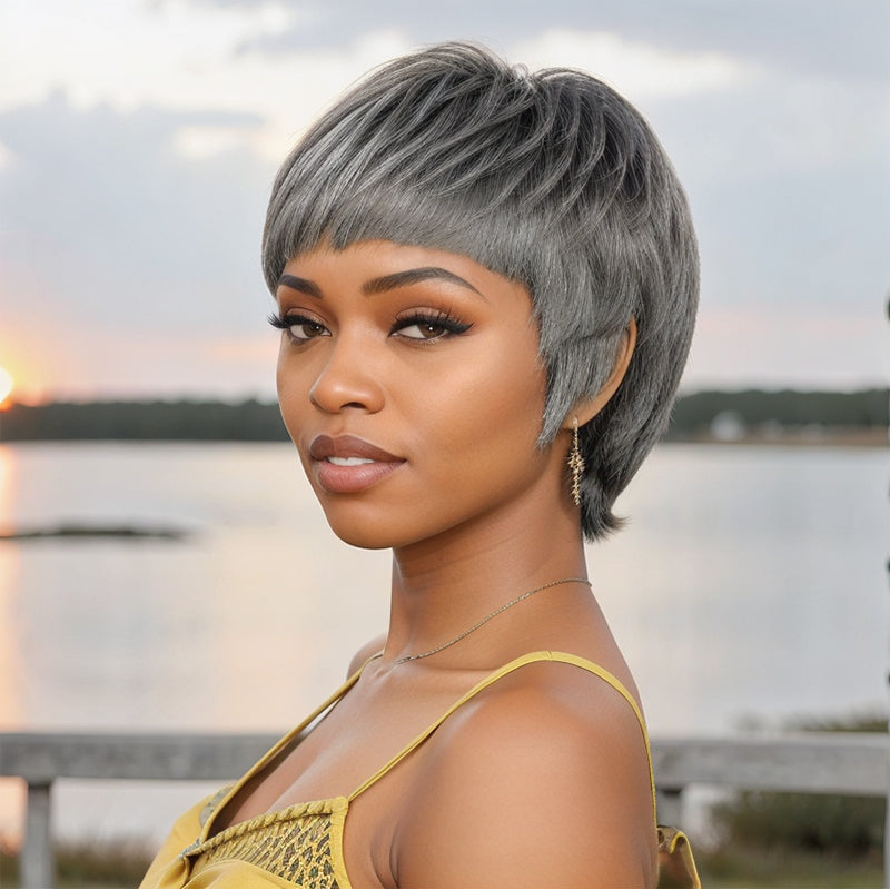 Salt And Pepper/Honey Blonde Short Pixie Cuts with Bangs Mullet Wigs
