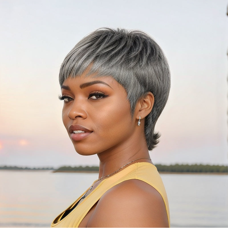 Salt And Pepper/Honey Blonde Short Pixie Cuts with Bangs Mullet Wigs