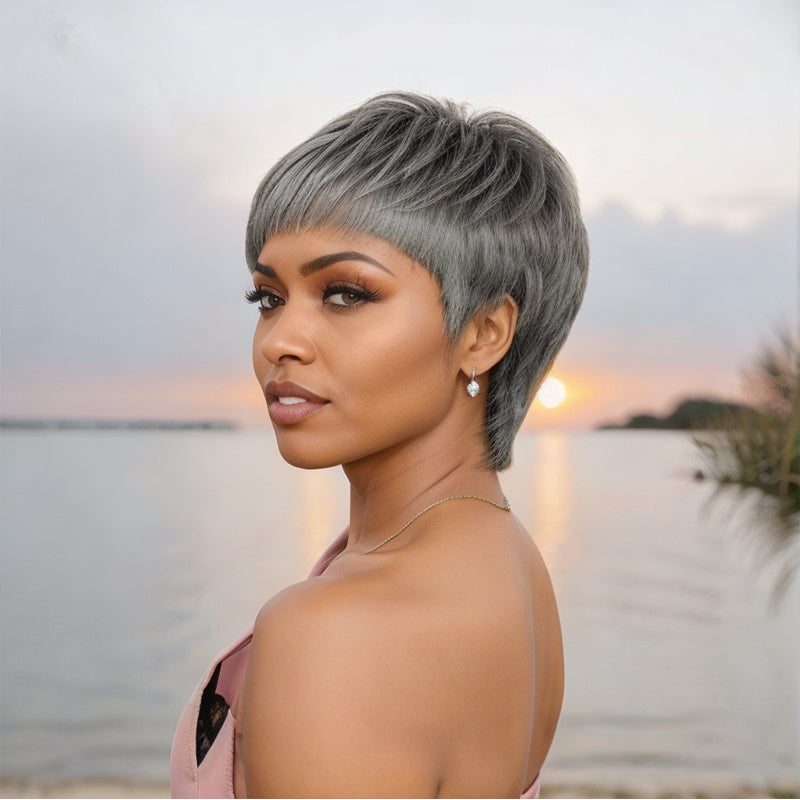 Salt And Pepper/Honey Blonde Short Pixie Cuts with Bangs Mullet Wigs