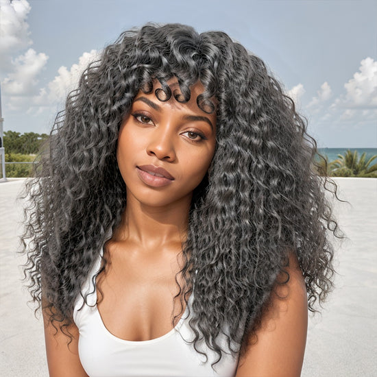 Salt And Pepper / Black Long Hair Deep Wave with Curly Bangs Hair Wigs Ready to Go