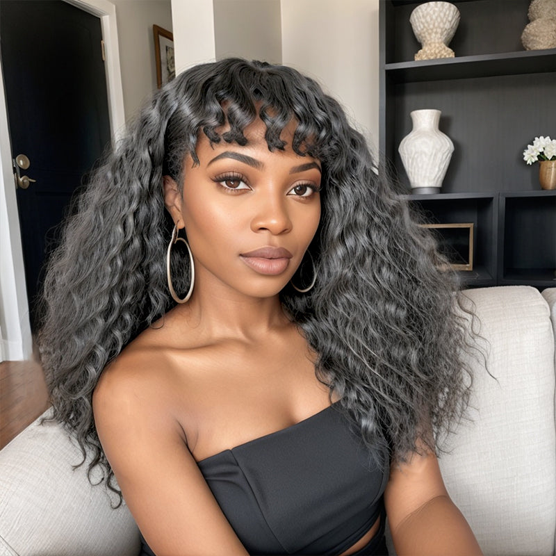 Salt And Pepper / Black Long Hair Deep Wave with Curly Bangs Hair Wigs Ready to Go