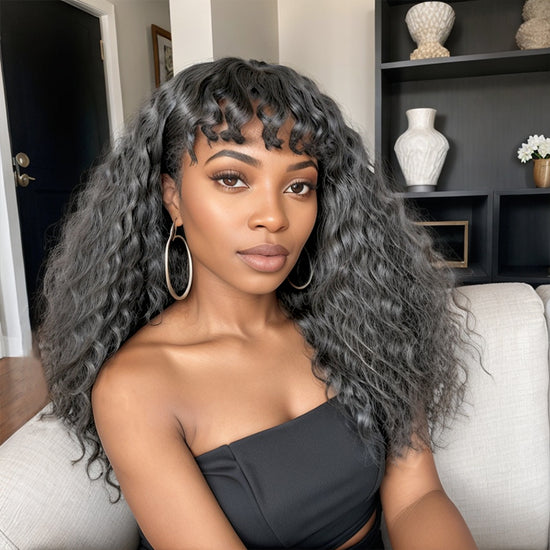 Salt And Pepper / Black Long Hair Deep Wave with Curly Bangs Hair Wigs Ready to Go