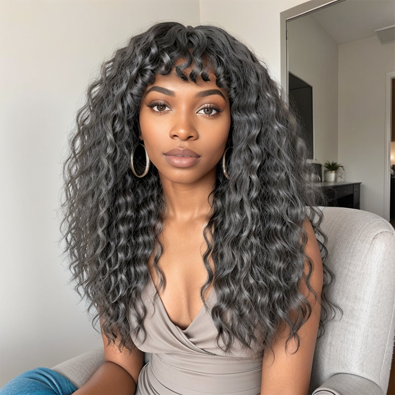 Salt And Pepper / Black Long Hair Deep Wave with Curly Bangs Hair Wigs Ready to Go