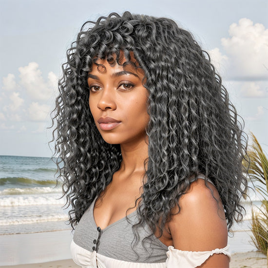 Salt And Pepper / Black Long Hair Deep Wave with Curly Bangs Hair Wigs Ready to Go
