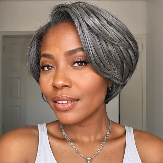 Salt And Pepper Boss Look | Short  Pixie Cut 5x5 Frontal Lace C Part Wig 100% Human Hair