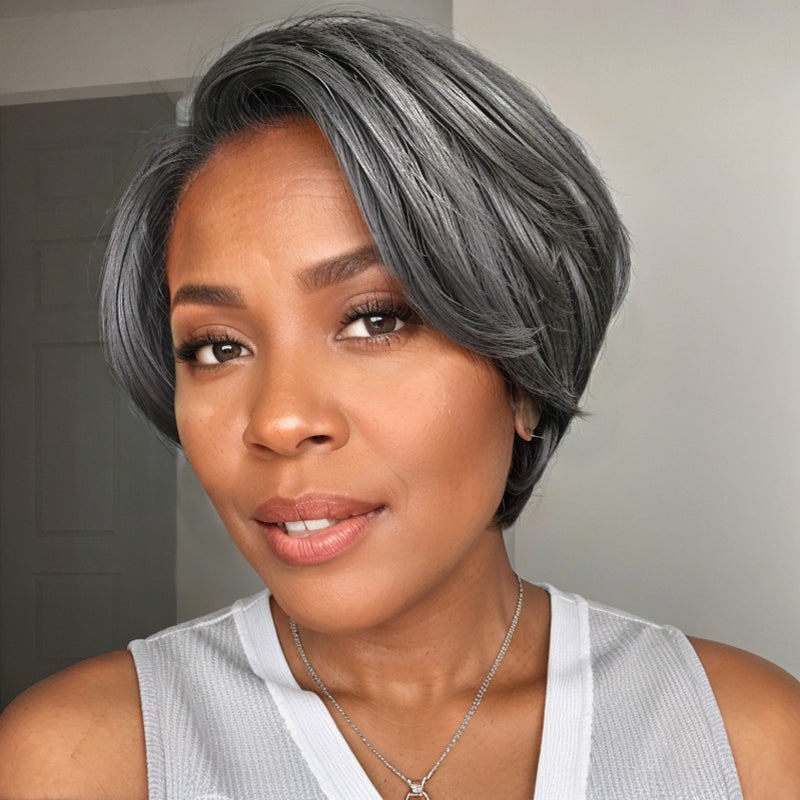 Salt & Pepper Boss Look Short Pixie Cut 5x5 Frontal Lace C Part Wig LinktoHair