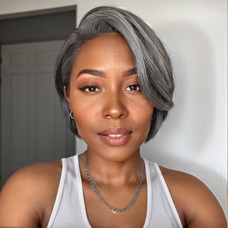 Salt And Pepper Boss Look | Short  Pixie Cut 5x5 Frontal Lace C Part Wig 100% Human Hair