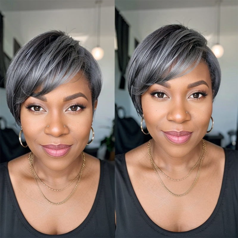 Salt And Pepper Boss Look | Short  Pixie Cut 5x5 Frontal Lace C Part Wig 100% Human Hair