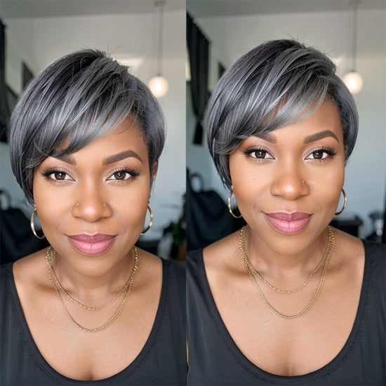 Salt And Pepper Boss Look | Short  Pixie Cut 5x5 Frontal Lace C Part Wig 100% Human Hair