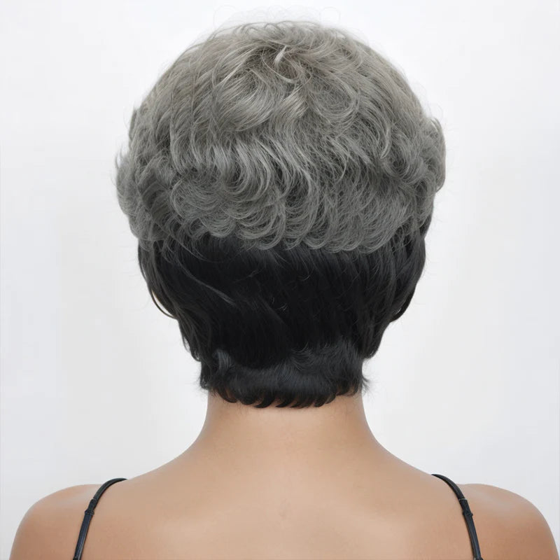 Trendy Color | Salt And Pepper Short Pixie Cuts Nature Wave Glueless Wig With Bangs Human Hair Wigs