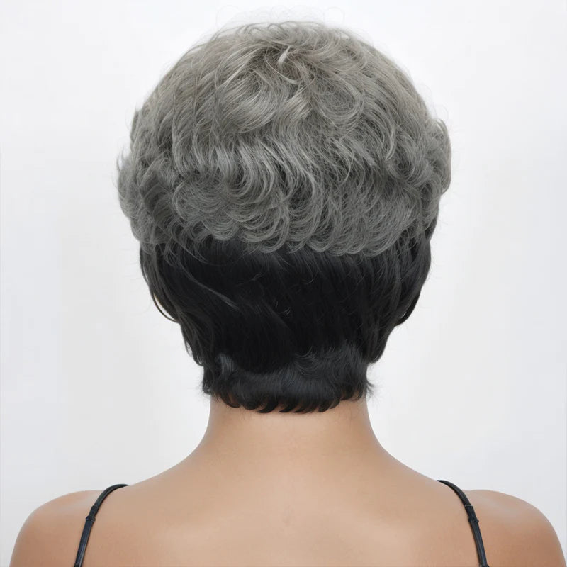 Trendy Color | Salt & Pepper Short Pixie Cuts Nature Wave Glueless Wig With Bangs Human Hair Wigs