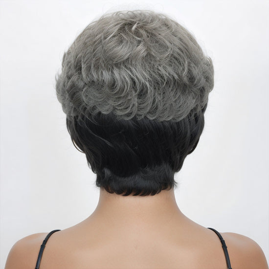 Salt & Pepper Edgy Pixie Cuts Wig With Natural Wave Bangs Glueless Human Hair Wigs