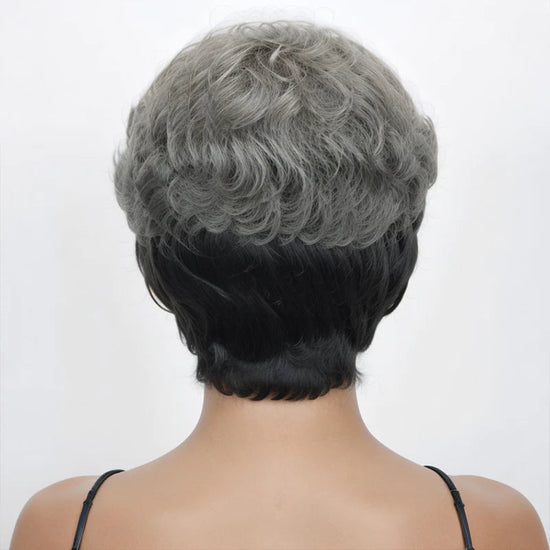 Salt And Pepper Half Black Of Back Edgy Pixie Cuts Wig With Natural Wave Bangs Glueless Human Hair Wigs