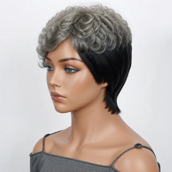 Salt & Pepper Edgy Pixie Cuts Wig With Natural Wave Bangs Glueless Human Hair Wigs