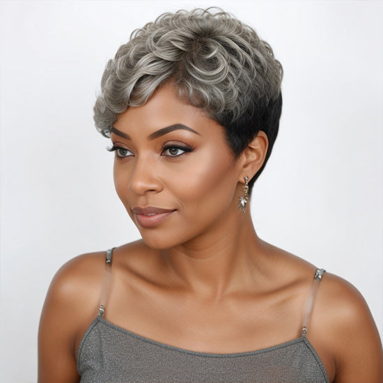 Salt & Pepper Edgy Pixie Cuts Wig With Natural Wave Bangs Glueless Human Hair Wigs