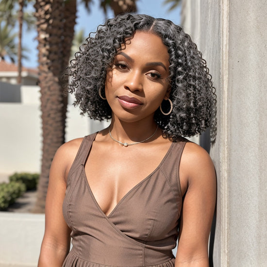 Salt And Pepper Glueless Finger Coiling Curls With Kinky Edges 5x5 Pre-cut Lace Short Bob Wigs