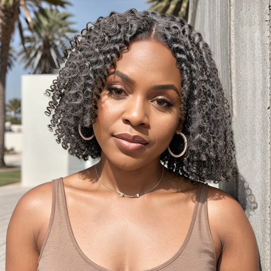 Salt And Pepper Glueless Finger Coiling Curls With Kinky Edges 5x5 Pre-cut Lace Short Bob Wigs