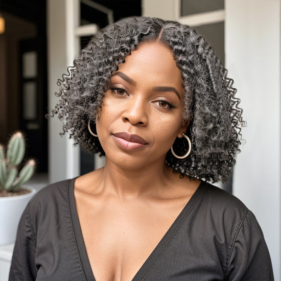 Salt And Pepper Glueless Finger Coiling Curls With Kinky Edges 5x5 Pre-cut Lace Short Bob Wigs