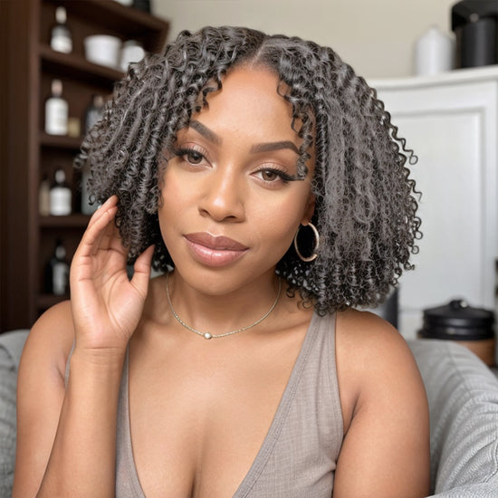 Salt And Pepper Glueless Finger Coiling Curls With Kinky Edges 5x5 Pre-cut Lace Short Bob Wigs
