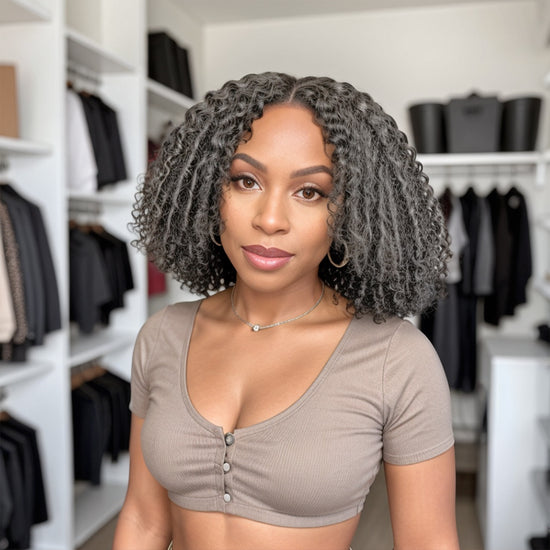 Salt And Pepper Glueless Finger Coiling Curls With Kinky Edges 5x5 Pre-cut Lace Short Bob Wigs
