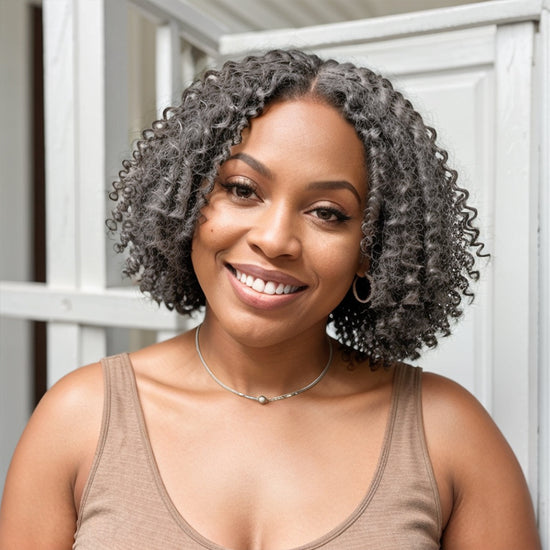 Salt & Pepper Glueless Finger Coiling Curls With Kinky Edges 5x5 Pre-cut Lace Short Bob Wigs