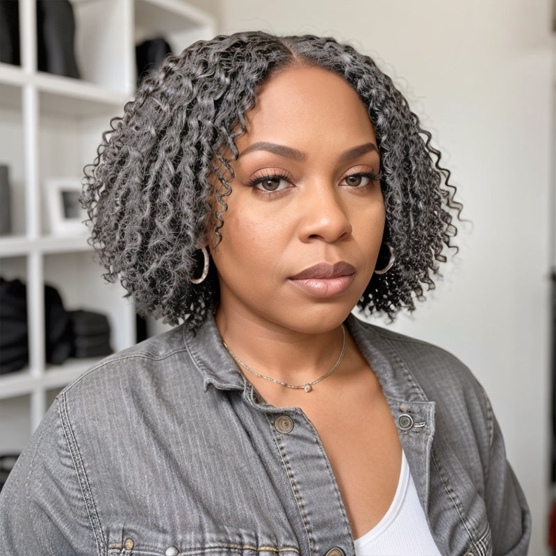 Salt And Pepper Glueless Finger Coiling Curls With Kinky Edges 5x5 Pre-cut Lace Short Bob Wigs