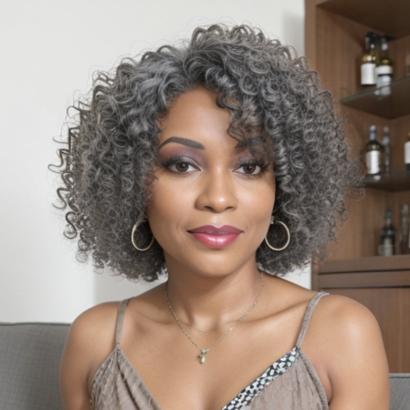 Salt And Pepper Glueless Kinky Curly Bob Wig With Side Part Bangs Human Hair Wigs for Black Women