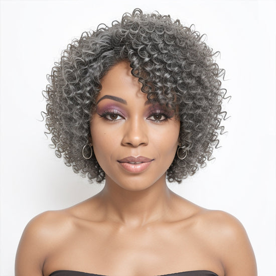 Salt And Pepper Glueless Kinky Curly Bob Wig With Side Part Bangs Human Hair Wigs for Black Women
