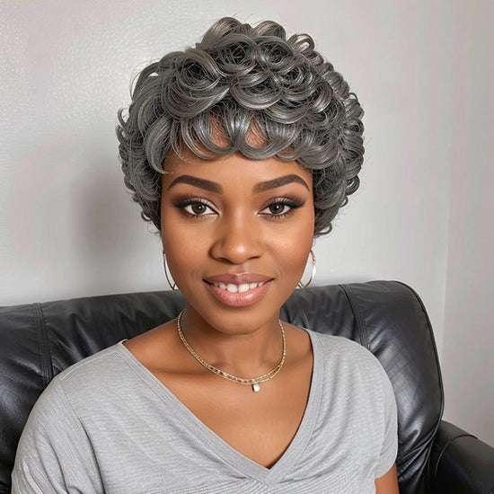 Salt & Pepper Glueless Short Chic Curly Wig With Swept Bangs 100% Human Hair Wigs