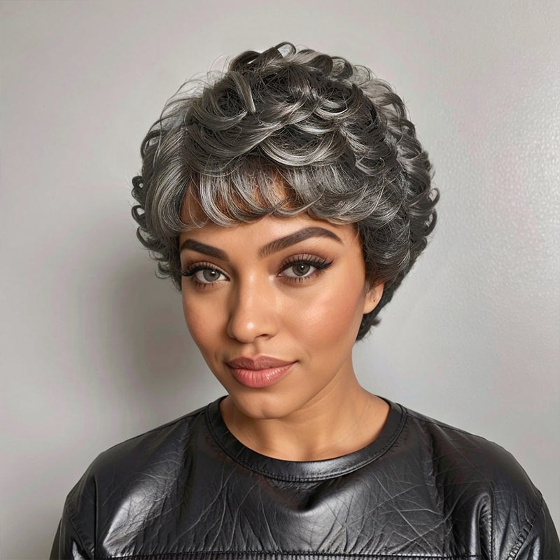 Salt & Pepper Glueless Short Chic Curly Wig With Swept Bangs 100% Human Hair Wigs