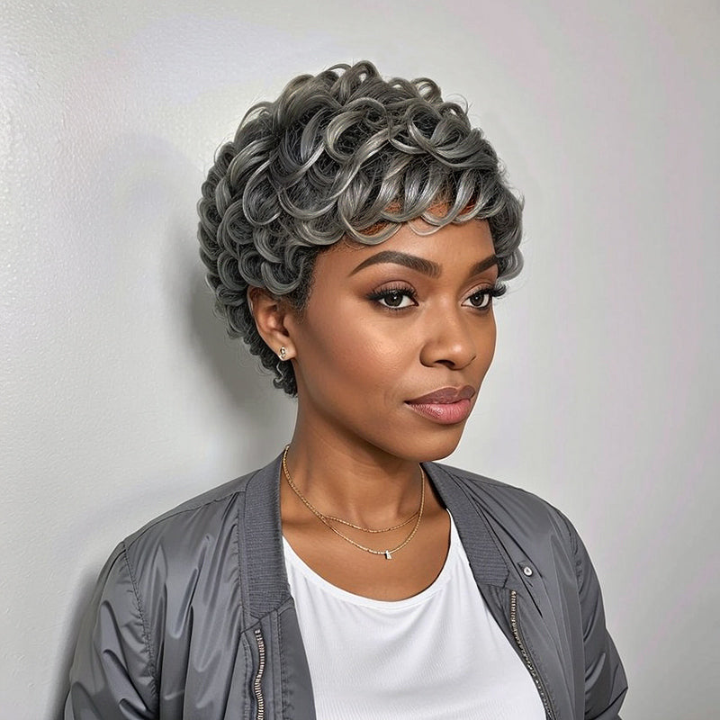 Salt & Pepper Glueless Short Chic Curly Wig With Swept Bangs 100% Human Hair Wigs