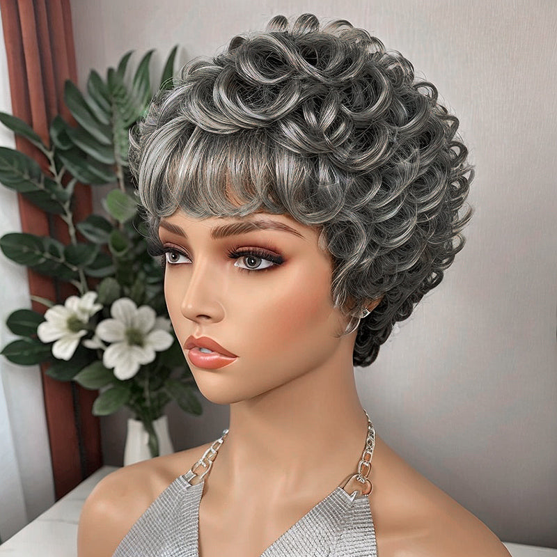 Salt And Pepper Glueless Short Chic Curly Wig With Swept Bangs 100% Human Hair Wigs