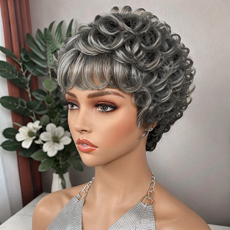 Salt & Pepper Glueless Short Chic Curly Wig With Swept Bangs 100% Human Hair Wigs