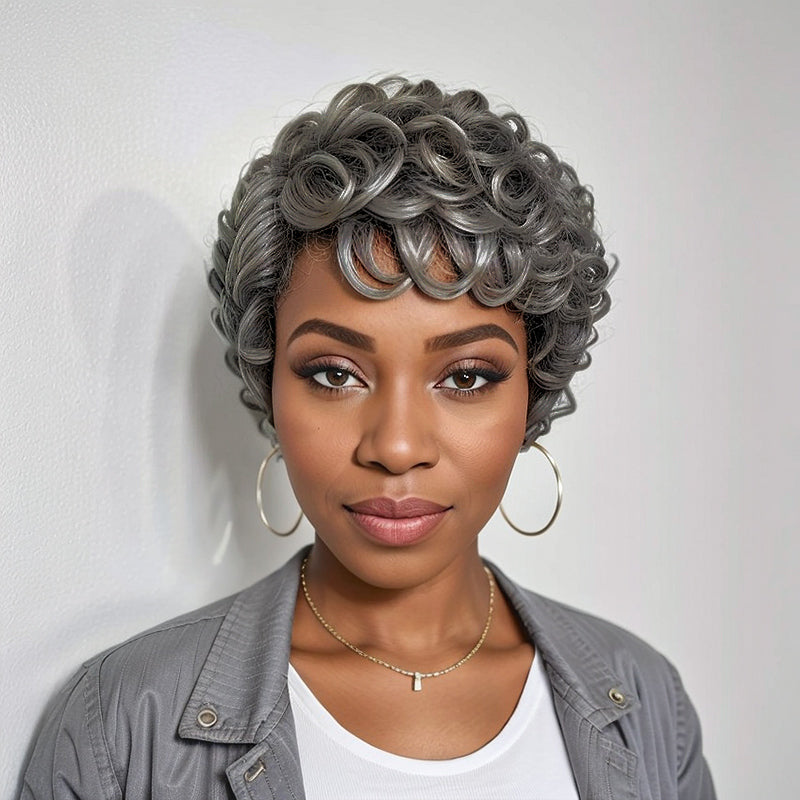 Salt And Pepper Glueless Short Chic Curly Wig With Swept Bangs 100% Human Hair Wigs
