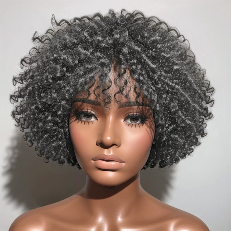 Salt And Pepper Kinky Curly Bob Glueless Wig With Bangs Human Hair Wigs