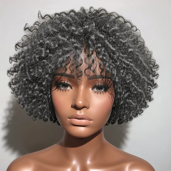 Salt And Pepper Kinky Curly Bob Glueless Wig With Bangs Human Hair Wigs