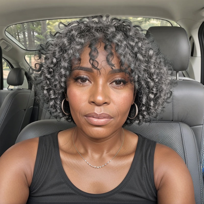 Salt And Pepper Kinky Curly Bob Glueless Wig With Bangs Human Hair Wigs